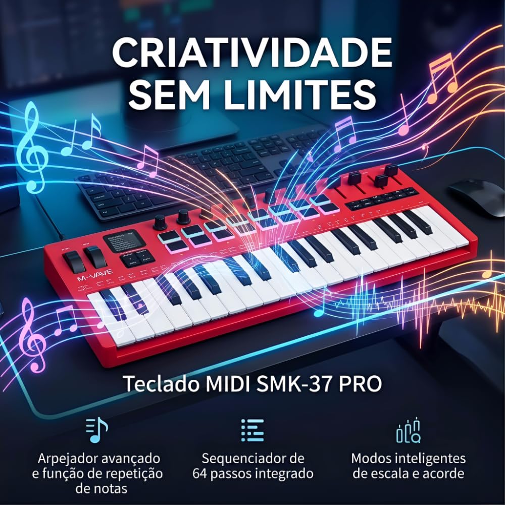 M-VAVE SMK-37 PRO Controlador MIDI Teclado 37 Teclas Sensíveis, 16